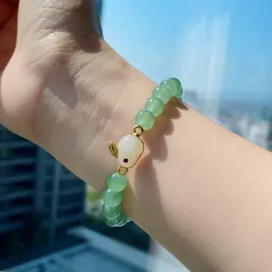 Artificial Jade Rabbit Charm Bracelet Green Crystal Beads Hand Woven Elastic Bangle Jewelry Girls Womens Retro Jewelry