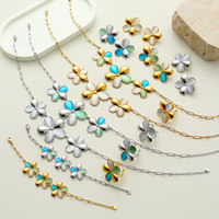 Set Perhiasan Wanita Batu Mata Kucing Bunga Baja Anti Karat untuk Pesta - Kalung, Gelang, Anting, Cincin