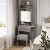 Ensemble de maquillage compact gris moderne en bois avec coiffeuse, miroir, meuble de rangement et chaise, panneau rabattable pour salon, vente en gros