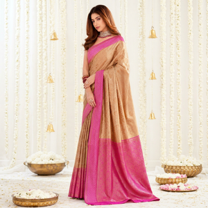 Sari en soie rose beige AARA Fashion avec bordure brodée, protection solaire, tenue de mariage indienne traditionnelle pour femmes, toutes saisons - Product Image 1