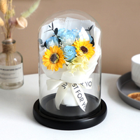 Bouquet de fleurs artificielles sous cloche en verre, roses bleues et tournesols, arrangement floral éternel, décoration de table, cadeau, vente en gros