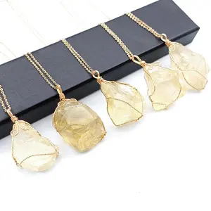 Wholesale Natural Raw Stone Citrine Pendant Irregularly Winding Wire Wrapped Ore Necklace DIY Jewellery Accessories