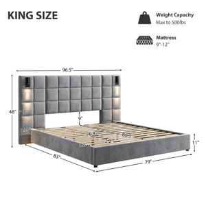 Modern King Bed with Reading Lamp &amp; <strong>USB</strong> <strong>Port</strong> <strong>Upholstered</strong> Wide <strong>Headboard</strong> in Grey Smart Bed Design - Product Image 6
