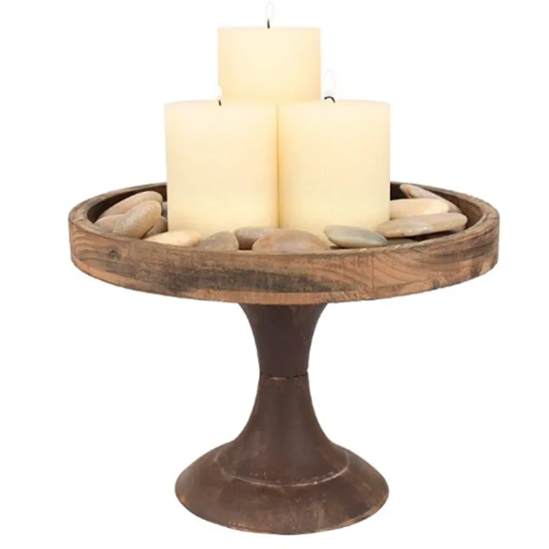 Rustikal getragene Naturholz-und Metalls ockel Tablett dekorative Säule Kerzenhalter für Tischplatte Mantel Dekoration