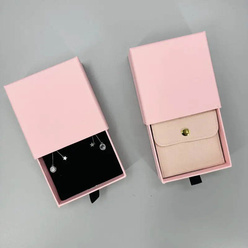 Benutzer definierte kleine rosa Papier Pappe Ring Schublade Verpackung Schmucks cha tulle und Tasche mit Logo gedruckt