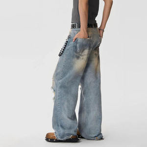 Jeans al por mayor personalizados de estilo urbano, 100% algodón, desgastados, vintage, rotos, de moda para hombre, de pierna ancha, holgados - Product Image 3