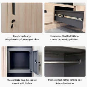 Mueble <span class=keywords><strong>de</strong></span> dormitorio con acabado <span class=keywords><strong>de</strong></span> grano <span class=keywords><strong>de</strong></span> madera, armario <span class=keywords><strong>de</strong></span> acero con 3 puertas correderas, ropero metálico con espejo y cajones - Product Image 5