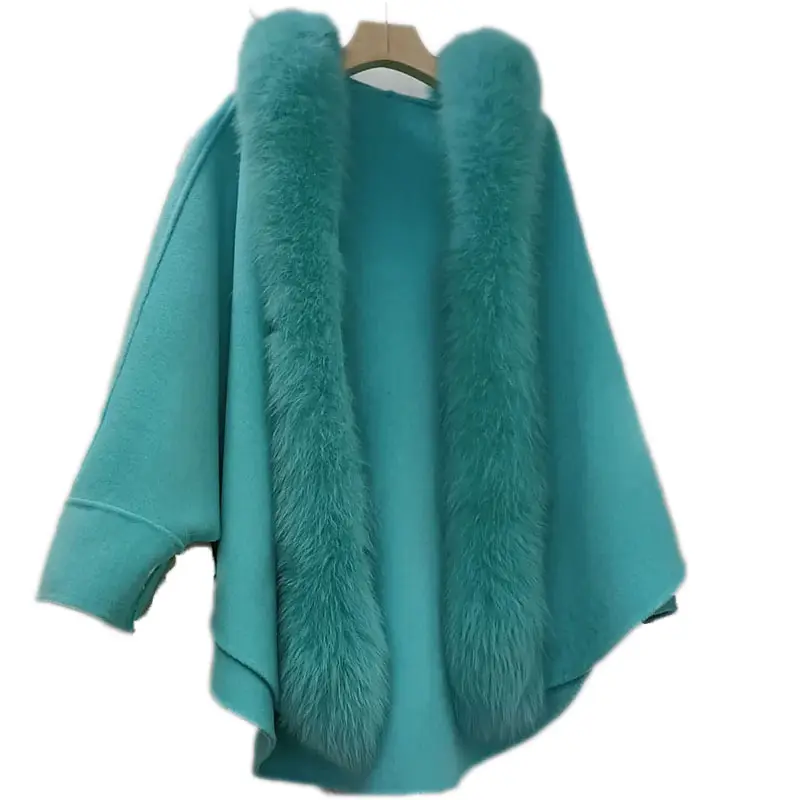 Пальто из смешанной шерсти с натуральным лисьим мехом, большие размеры, зимняя кашемировая накидка из натуральной шерсти, верхняя одежда, розовая куртка для женщин