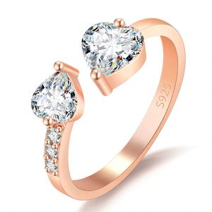 Women Mirco Pave Moissanite Diamond <b>Ring</b> <b>Adjustable</b> <b>Silver</b> Plated Double Heart Cubic Zirconia Wedding Engagement <b>Ring</b> - Product Image 5