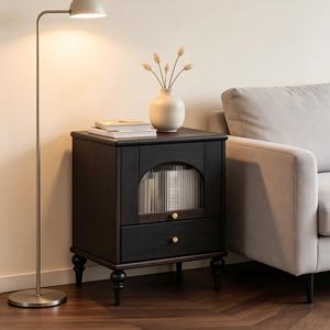 Midcentury Solid Wood Nightstand with 2 <b>Drawers</b> Eco-Friendly Apartment Living Room Bedroom Storage Cabinet Black Bedside Table - Product Image 2