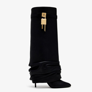 Pleated Upper Thin High Heel Pointed Toe Overlay Shoes Dress Metal Lock Pants Boots Women's Folded Over Knee High <b>Booties</b> - Product Image 2