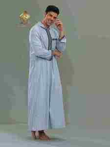 Al Haramain <b>Men's</b> Hooded <b>Thobe</b> Long Sleeve Cotton Floor Length Modest Prayer Robe Solid Light Blue Middle East Style - Product Image 4