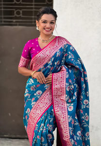 Delight In Pink Banarasi Sari de seda suave con hermoso contraste Jaal y exquisito tejido Zari Ideal para bodas Festivales - Product Image 3