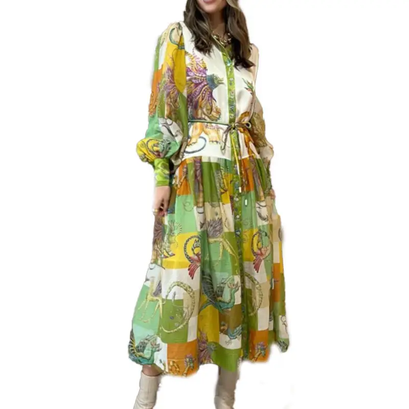 봄/여름 여성의 새로운 캐주얼 개인 맞춤 프린트 V-넥 레이스 업 허리 긴 소매 원피스