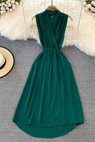 Robes longues élégantes d'été sans manches, col en V, taille cintrée, coupe évasée pour femmes