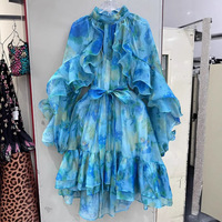 Robe Courte Ample à Manches Longues et Volants, Imprimé Floral Vintage, Style Australien, avec Ceinture et Fermeture Éclair – Nouvelle Collection Printemps/Été