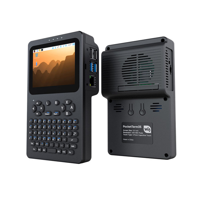 Waveshare PocketTerm35-Pi4 Handheld Linux Terminal 3.5 Inch Touch Display 640x480 Portable Raspberry Pi 4B-2GB + RP2040 DIY IoT