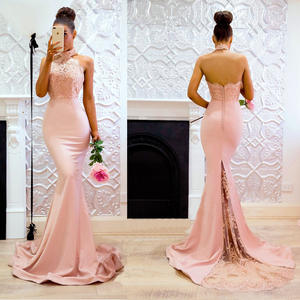Custom <span class=keywords><strong>Pink</strong></span> Lace Top Summer Sexy Halter Gown Maxi Bodycon Vestido de novia con red de encaje Trail - Product Image 4