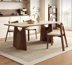 Tavolo da Pranzo Moderno in Legno con Piano in Pietra Sinterizzata Bianca Opaca, Rettangolare, per Piccoli Appartamenti - Product Image 1
