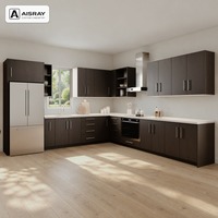 Meuble de cuisine moderne avec portes en placage de bois, aménagement en L, dimensions personnalisées, boîtes en panneaux de particules et tiroirs à fermeture amortie
