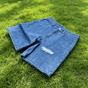 Shorts Bermuda en jean bleu pour homme, taille mi-haute, braguette boutonnée, style décontracté déchiré, 100% coton tissé respirant - Product Image 2