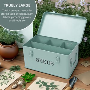 Grande boîte de rangement pour graines en métal rectangulaire vert moderne avec 4 compartiments, 40 enveloppes et 20 étiquettes pour plantes en bambou - Product Image 2