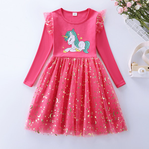 Abito primaverile Casual da ragazza a manica lunga con stampa <span class=keywords><strong>unicorno</strong></span> e Design con paillettes a stella elegante stile 'principessa' per bambini - Product Image 3