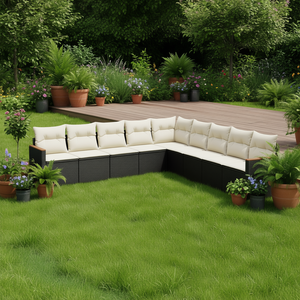 Ensemble de canapés de jardin en rotin blanc crème et noir avec coussins, mobilier d'extérieur, 10 places et plus, design contemporain - Product Image 2