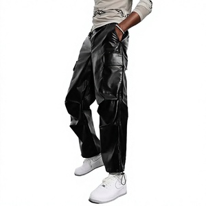 Pantalon Harem Homme en PU Enduit, Mi-lourd, Écologique, Taille Élastique, Multiples Poches, Style Urbain, Noir, Décontracté, Vêtement d'Hiver - Product Image 1