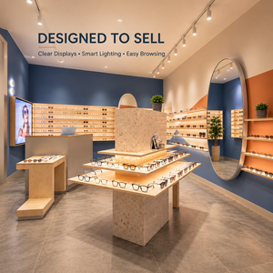 Decoración interior de tienda de gafas a medida, estantes de exhibición personalizados para ópticas y mostrador de recepción para centro de visión. - Product Image 4