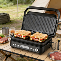 Grille-pain panini d'intérieur 5 en 1 sans fumée avec plaques amovibles, thermomètre à viande, plaques réversibles antiadhésives