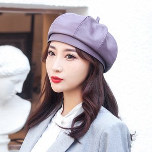 Women's Beret PU Leather Octagonal Hat Solid Color Windproof Non Foldable For Autumn Winter Spring British Style Elegant Hat - Product Image 3