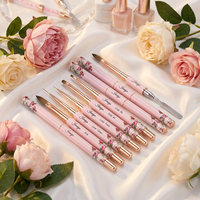 Stylo à points en nylon Penoval avec manche rose à motif pivoine et spatule, outil de pointillage, pinceau gel, ensemble de pinceaux à ongles à virole sertie