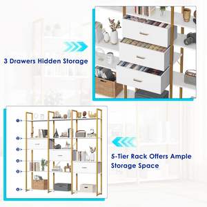 Étagères de présentation ouvertes dorées pour bureau à domicile <span class=keywords><strong>Etagere</strong></span> Triple Wide Shelf Book Case Tall Bookshelf 3 Drawers Storage Shelves Bookcase - Product Image 4