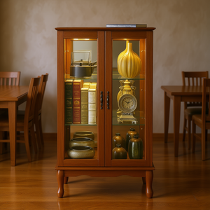 ตู้โชว์ไม้โอ๊คพร้อมชั้นวางปรับระดับได้พร้อมไฟ ประตูกระจกนิรภัย แผงหลังกระจกเงา เฟอร์นิเจอร์ในบ้าน - Product Image 2