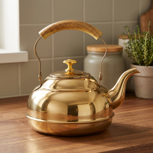Bouilloire classique en métal doré avec poignée et couvercle en bois, théière, chauffe-eau - Product Image 6