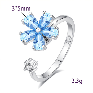 Bague ajustable en argent 925 avec fleur à cinq pétales rotative délicate, pierre naturelle taille poire 3*5mm, bijoux pour femme - Product Image 6