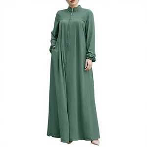 Abaya musulmane élégante à fermeture éclair sur le devant, Jalabiya de Dubaï, longueur au sol, en polyester, faite à la main, robe décontractée pour femme à manches longues et col montant - Product Image 5