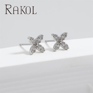 RAKOL EP6061 New Design Cubic Zirconia Flower Brass Silver Plated Earrings Women's Jewelry Gift - Product Image 3