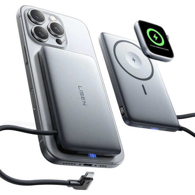 LISEN CardMag Magnetic Power Bank for 10000mAh Portable Charger with Built in Cable for iPhone 17/16/15 Series Apple Watch S10