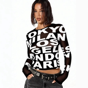 PEEQI 80202 Camisetas Sexys de Otoño para Mujer al por Mayor, Camiseta de Manga Larga Transparente con Estampado de Letras, Ropa para Chicas Atractivas - Product Image 2