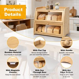 Bamboo Bread Box Double Layer Flip Top Transparent Window Storage Cabinet For <b>Kitchen</b> Bakery Use - Product Image 3