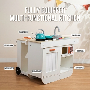 Set Gioco Cucina in Legno per Bambini con Caminetto, Luci e Suoni, Lavello, Frigorifero, Microonde, Gioco Educativo Montessori - Product Image 4