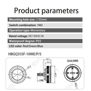 HBan สวิตช์ปุ่มกดไมโครไฟ1NO IP65, สีแดง LED 35มม. สวิตช์ปุ่มกดปิดสวิตช์ไมโครขนาดเล็ก - Product Image 4