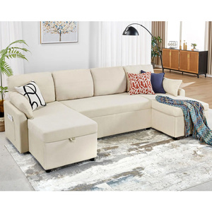 Juego de sofá <span class=keywords><strong>cama</strong></span> extraíble para sala de estar europeo Relax, muebles de cuatro asientos de lino suave con funda, Canape Beige, sofá <span class=keywords><strong>cama</strong></span> extraíble para dormir - Product Image 3