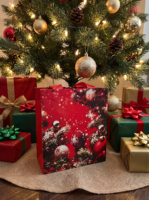 Sacs cadeaux en papier de Noël en stock avec impression couleur, pelliculage mat et poignées en corde polyester pour emballage de fêtes