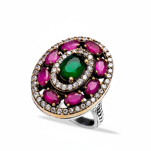 Ottoman Design Oval Shape <b>Emerald</b> with Ruby Stone Wholesale Handcrafted Authentic <b>Silver</b> <b>Ring</b> Trendy Women Jewelry - Product Image 2