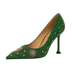 278-16 الرجعية جلد الغزال عالية الكعب الضحلة الفم وأشار حجر الراين المعادن الزخرفية حجر الراين مثير ملهى ليلي الأحذية - Product Image 3