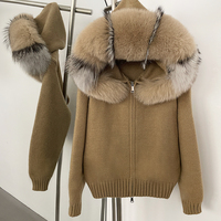 OFTBUY Cardigan en tricot avec col en vraie fourrure de renard pour femme, veste pull zippée à capuche en fourrure amovible, manteau d'hiver ample et oversize