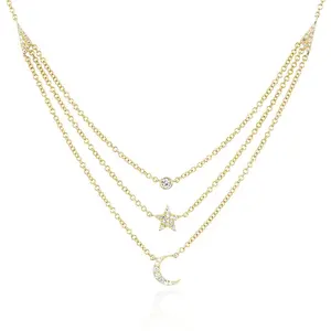 时尚饰品925银14k金钻月亮星分层锆石项链女